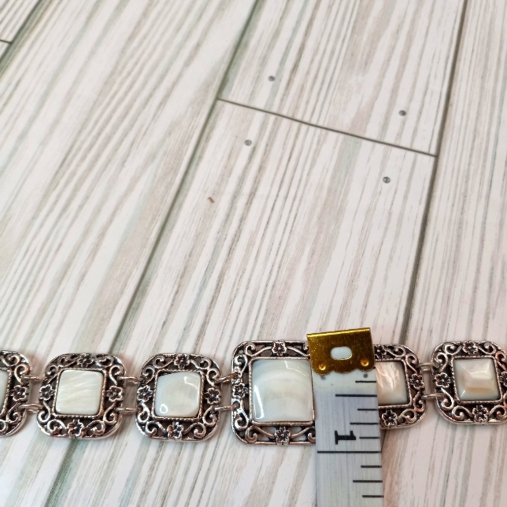 Silver Tone Costume Statement Bracelet With White Tile Stones - Picture 7 of 7